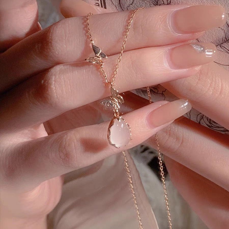 Chic Duo Enamel Butterfly Opal Pendant Necklace - ArtGalleryZen