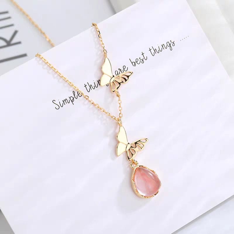 Chic Duo Enamel Butterfly Opal Pendant Necklace - ArtGalleryZen