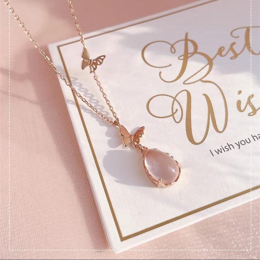 Chic Duo Enamel Butterfly Opal Pendant Necklace - ArtGalleryZen