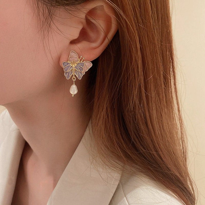 Chic Enamel Butterfly Dangling Pearl Earrings - ArtGalleryZen