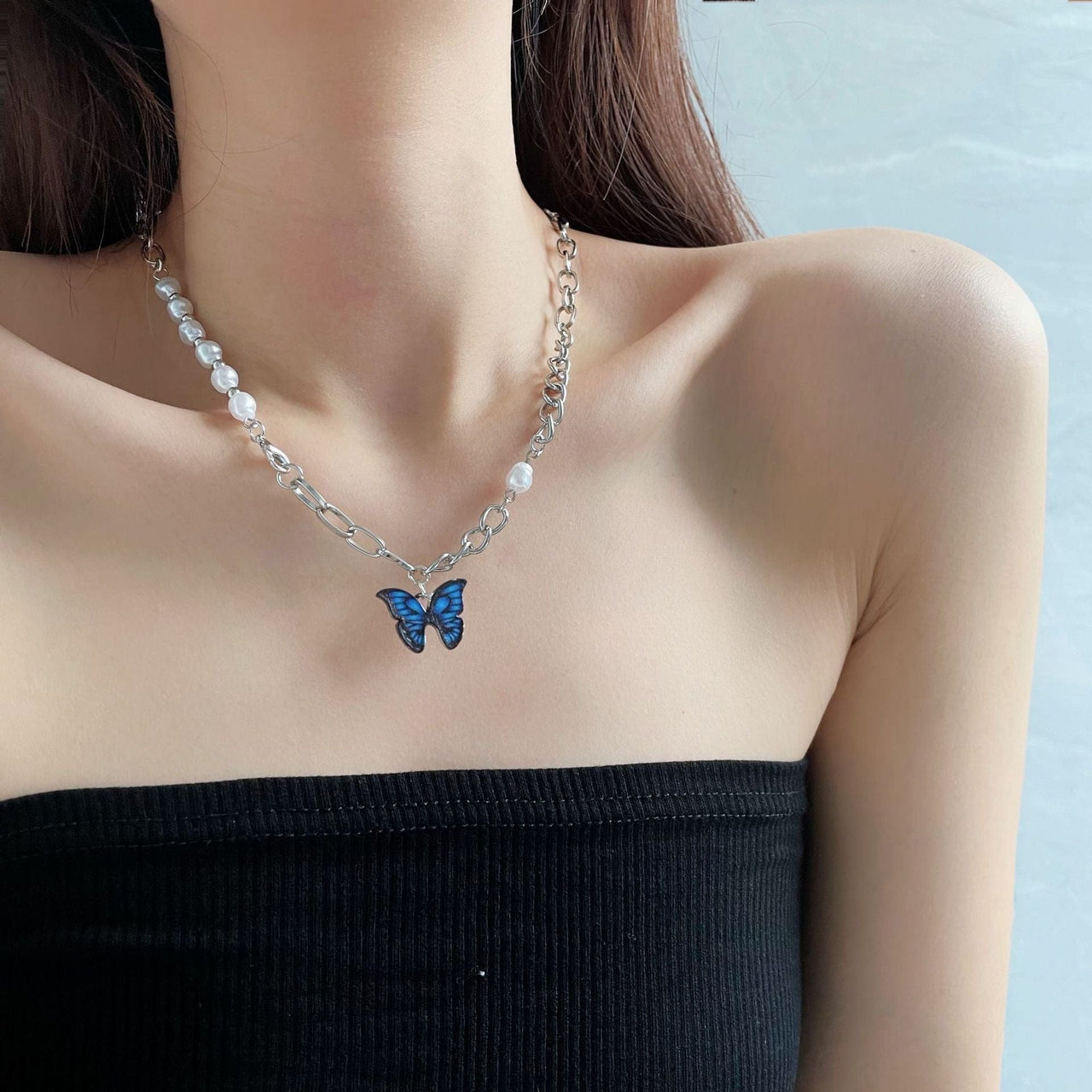 Chic Enamel Butterfly Pendant Pearl Chain Necklace - ArtGalleryZen