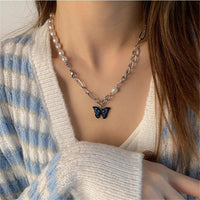 Thumbnail for Chic Enamel Butterfly Pendant Pearl Chain Necklace - ArtGalleryZen