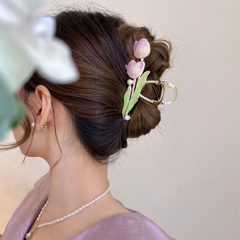 Chic Enamel Duo Tulip Chignon Claw Clip Hair Claw - ArtGalleryZen