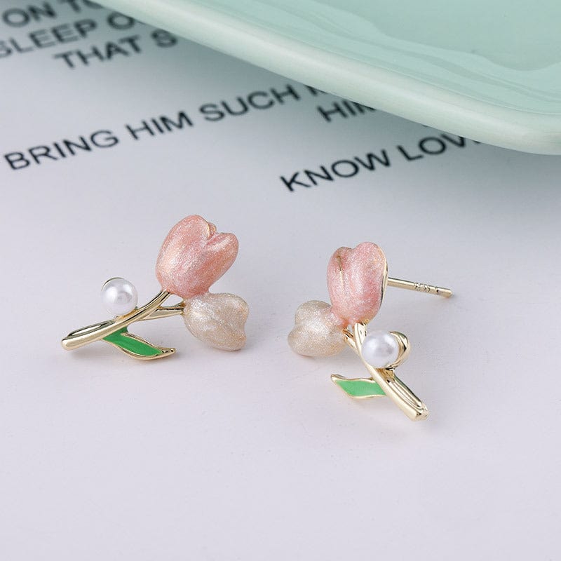 Chic Enamel Pearl Charm Tulip Earrings - ArtGalleryZen
