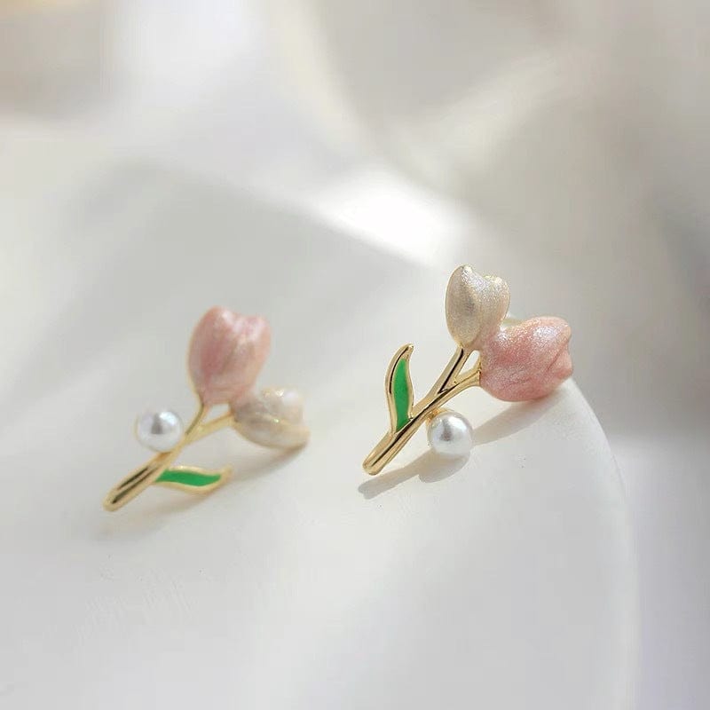 Chic Enamel Pearl Charm Tulip Earrings - ArtGalleryZen