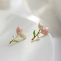 Thumbnail for Chic Enamel Pearl Charm Tulip Earrings - ArtGalleryZen