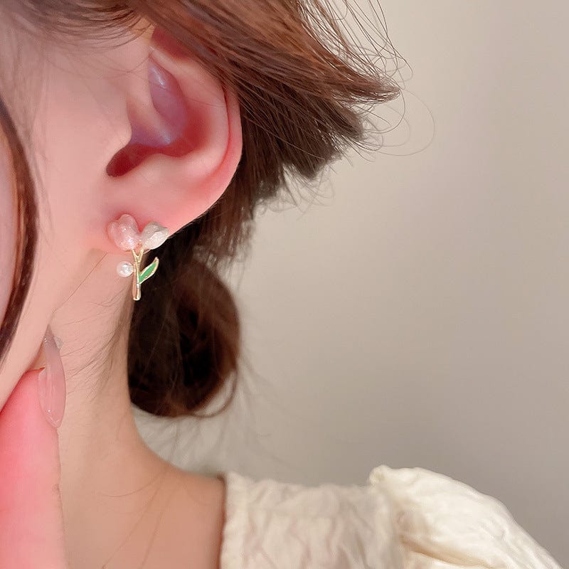 Chic Enamel Pearl Charm Tulip Earrings - ArtGalleryZen