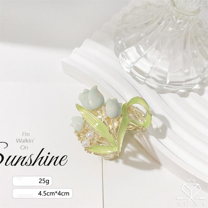 Chic Enamel Pearl Charm Tulip High Ponytail Hair Claw - ArtGalleryZen