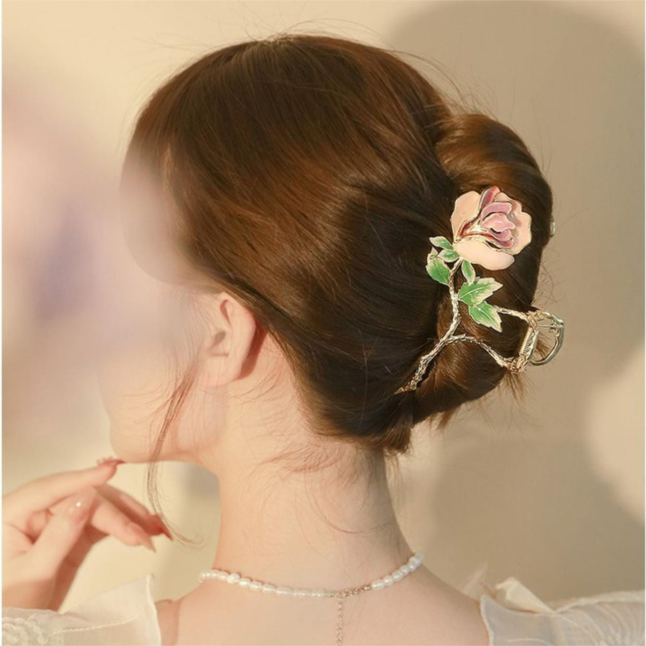 Chic Enamel Pink Rose Chignon Claw Clip Hair Clip - ArtGalleryZen