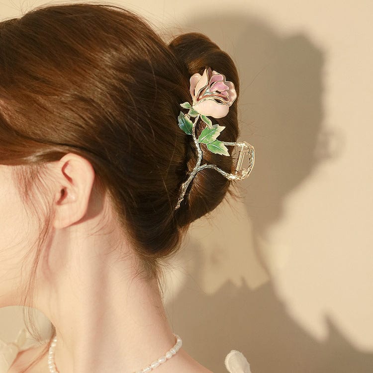 Chic Enamel Pink Rose Chignon Claw Clip Hair Clip - ArtGalleryZen