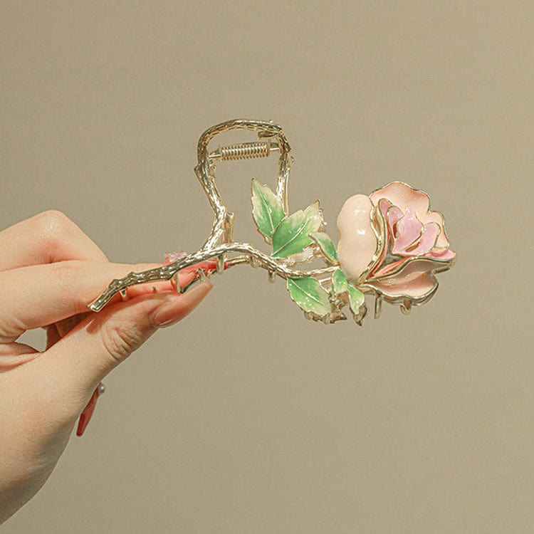 Chic Enamel Pink Rose Chignon Claw Clip Hair Clip - ArtGalleryZen