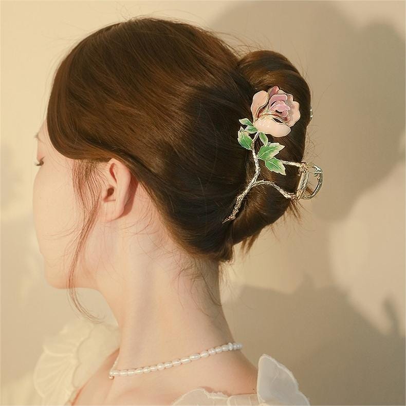 Chic Enamel Pink Rose Chignon Claw Clip Hair Clip - ArtGalleryZen