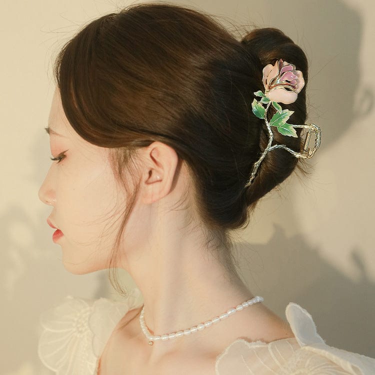 Chic Enamel Pink Rose Chignon Claw Clip Hair Clip - ArtGalleryZen