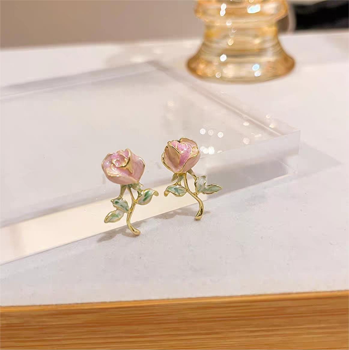 Chic Enamel Pink Rose Earrings - ArtGalleryZen