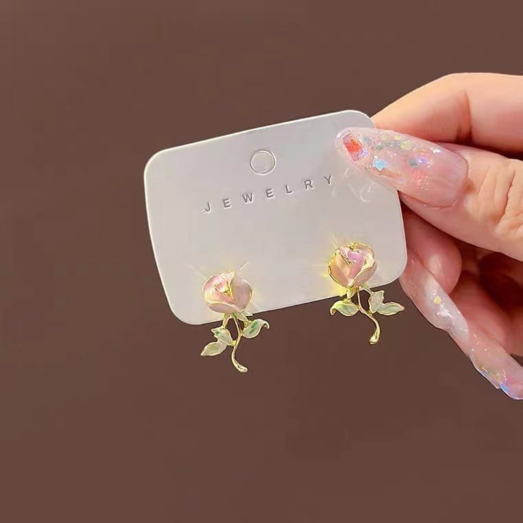 Chic Enamel Pink Rose Earrings - ArtGalleryZen