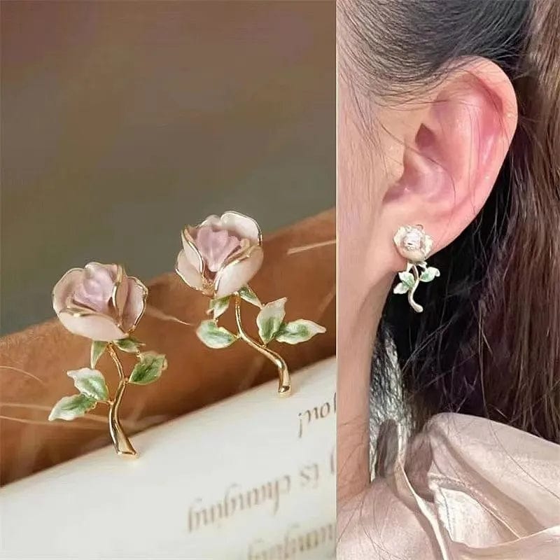 Chic Enamel Pink Rose Earrings - ArtGalleryZen