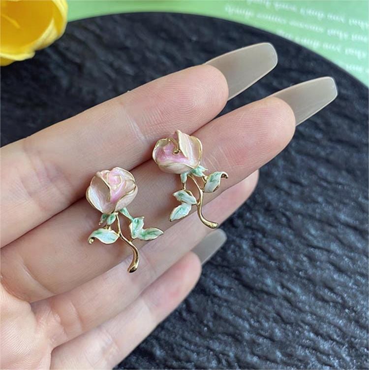 Chic Enamel Pink Rose Earrings - ArtGalleryZen