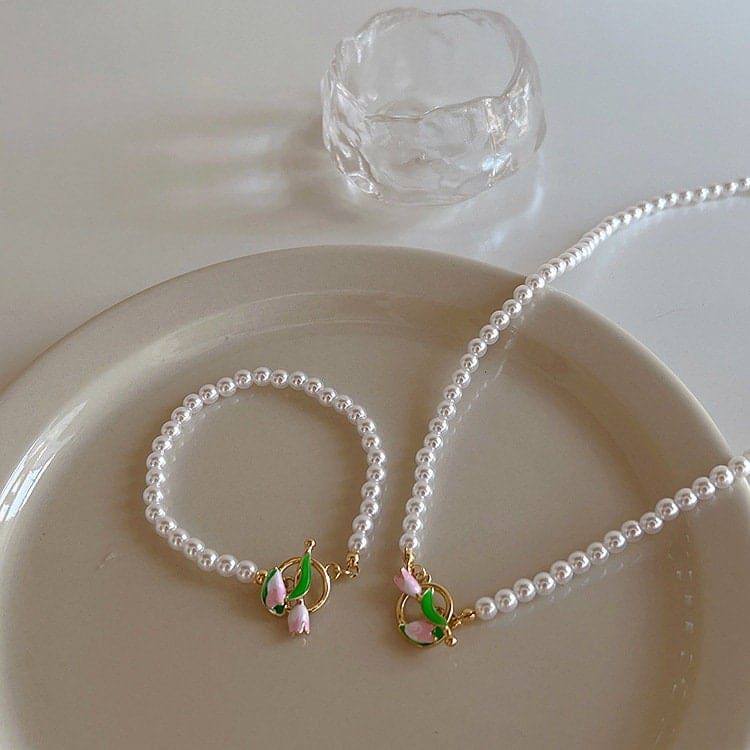 Chic Enamel Tulip Pearl Chain Choker Necklace Bracelet Set - ArtGalleryZen