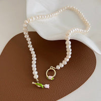 Thumbnail for Chic Enamel Tulip Pearl Chain Choker Necklace Bracelet Set - ArtGalleryZen