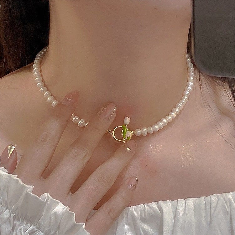 Chic Enamel Tulip Pearl Chain Choker Necklace Bracelet Set - ArtGalleryZen