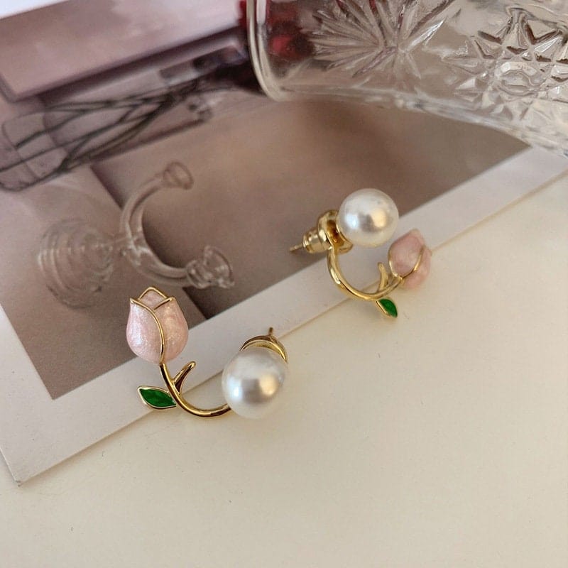 Chic Enamel Tulip Pearl Earrings - ArtGalleryZen