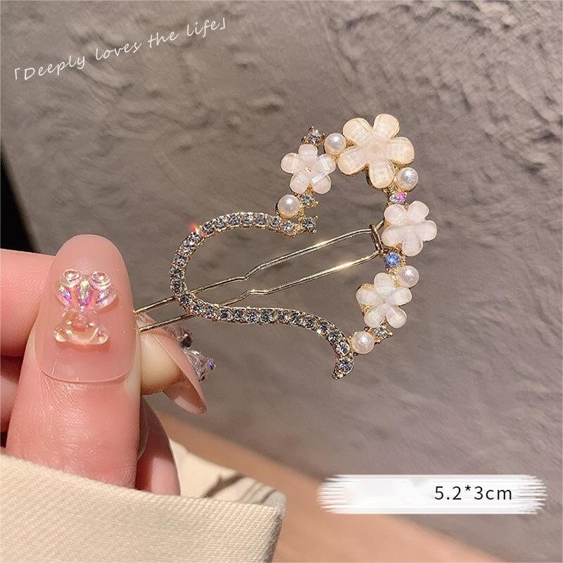 Chic Handmade CZ Inlaid Pink Floral Moon Heart Hair Clip - ArtGalleryZen