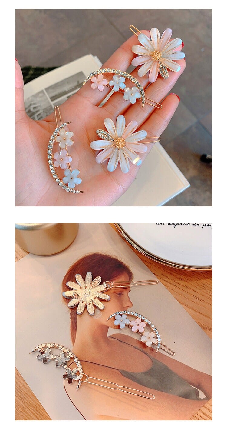 Chic Handmade CZ Inlaid Pink Floral Moon Heart Hair Clip - ArtGalleryZen