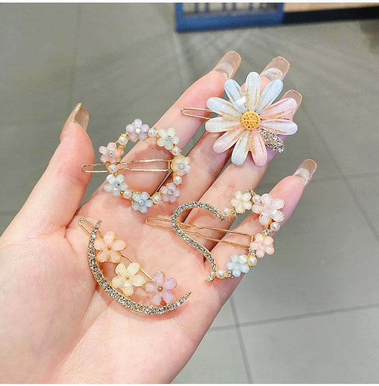 Chic Handmade CZ Inlaid Pink Floral Moon Heart Hair Clip - ArtGalleryZen