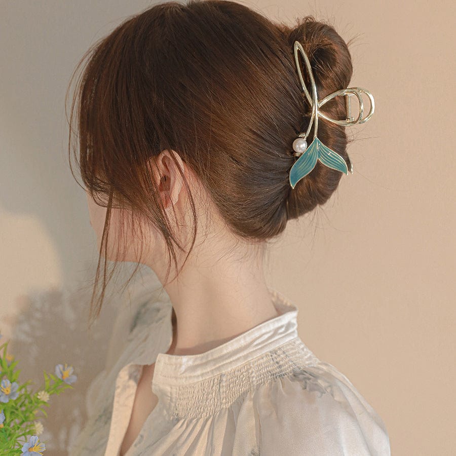 Chic Handmade Enamel Mermaid Pearl Charm Chignon Claw Clip Hair Clip - ArtGalleryZen