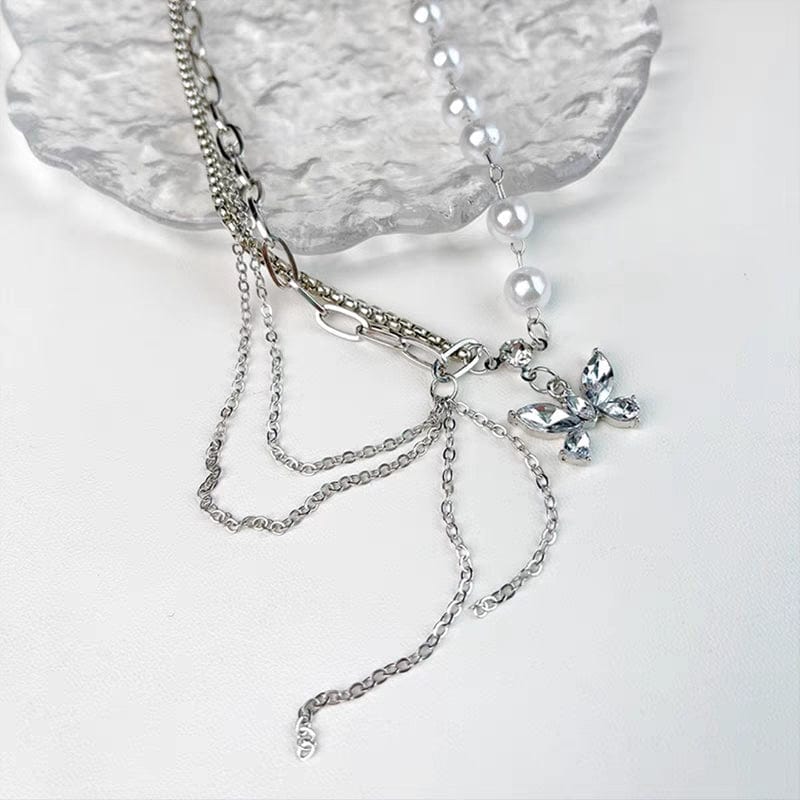 Chic Layered Crystal Butterfly Pearl Chain Necklace - ArtGalleryZen