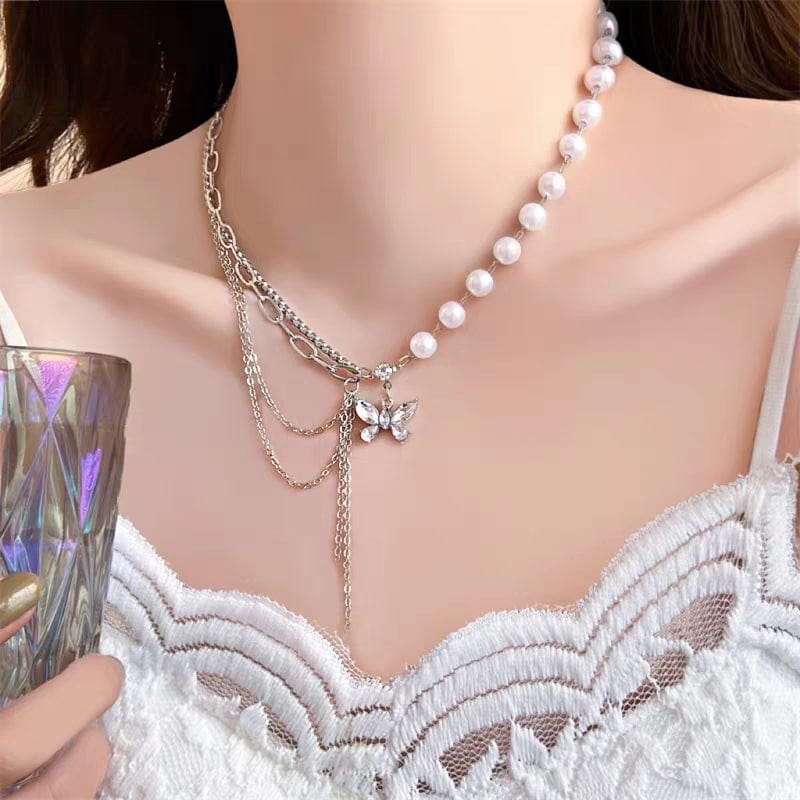 Chic Layered Crystal Butterfly Pearl Chain Necklace - ArtGalleryZen