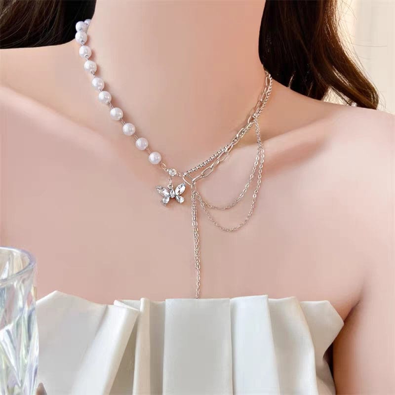 Chic Layered Crystal Butterfly Pearl Chain Necklace - ArtGalleryZen