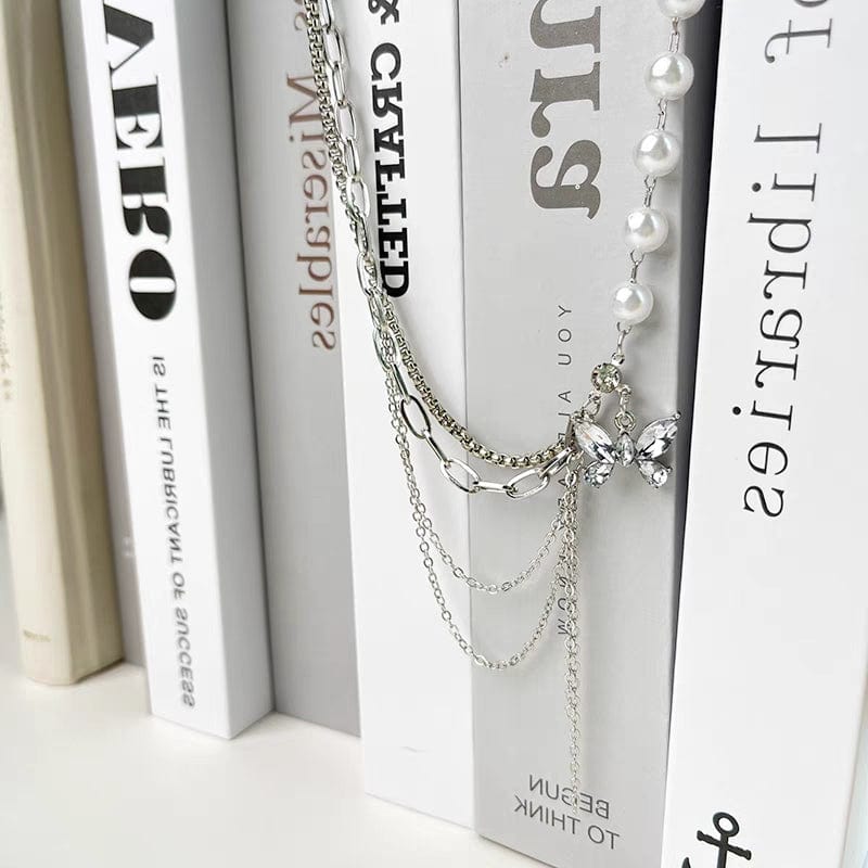 Chic Layered Crystal Butterfly Pearl Chain Necklace - ArtGalleryZen