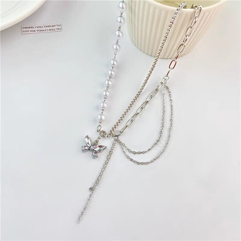 Chic Layered Crystal Butterfly Pearl Chain Necklace - ArtGalleryZen