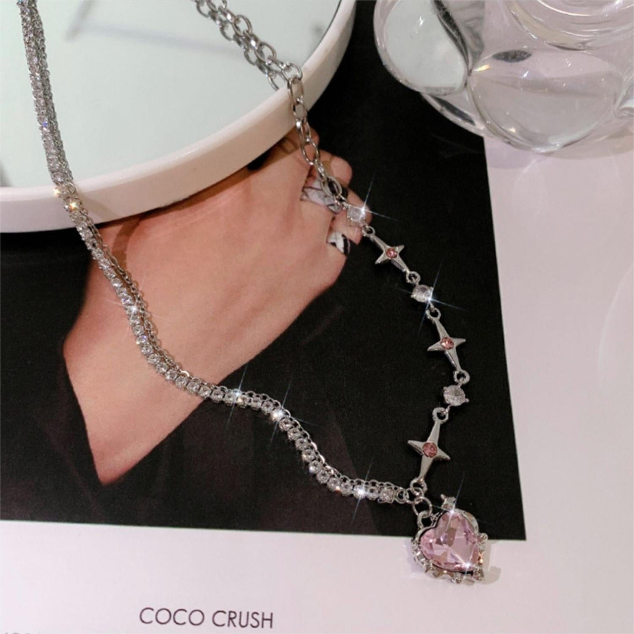 Chic Layered CZ Inlaid Pink And Black Crystal Heart Pendant Star Chain Necklace - ArtGalleryZen