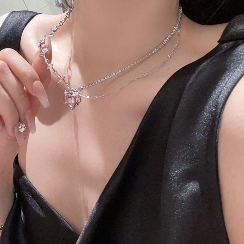 Chic Layered CZ Inlaid Pink Crystal Heart Pendant Star Chain Necklace - ArtGalleryZen
