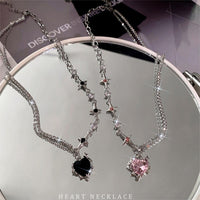 Thumbnail for Chic Layered CZ Inlaid Pink And Black Crystal Heart Pendant Star Chain Necklace - ArtGalleryZen