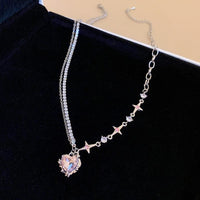 Thumbnail for Chic Layered CZ Inlaid Pink And Black Crystal Heart Pendant Star Chain Necklace - ArtGalleryZen