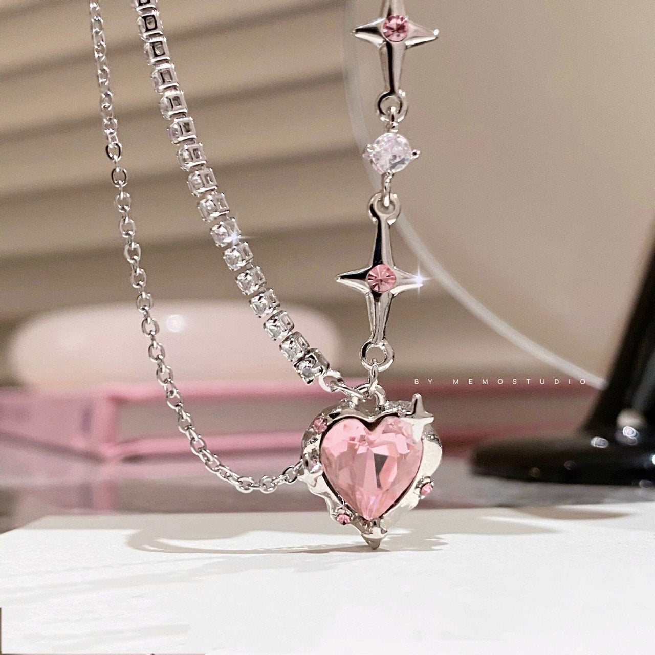 Chic Layered CZ Inlaid Pink Crystal Heart Pendant Star Chain Necklace - ArtGalleryZen