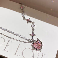 Thumbnail for Chic Layered CZ Inlaid Pink Crystal Heart Pendant Star Chain Necklace - ArtGalleryZen