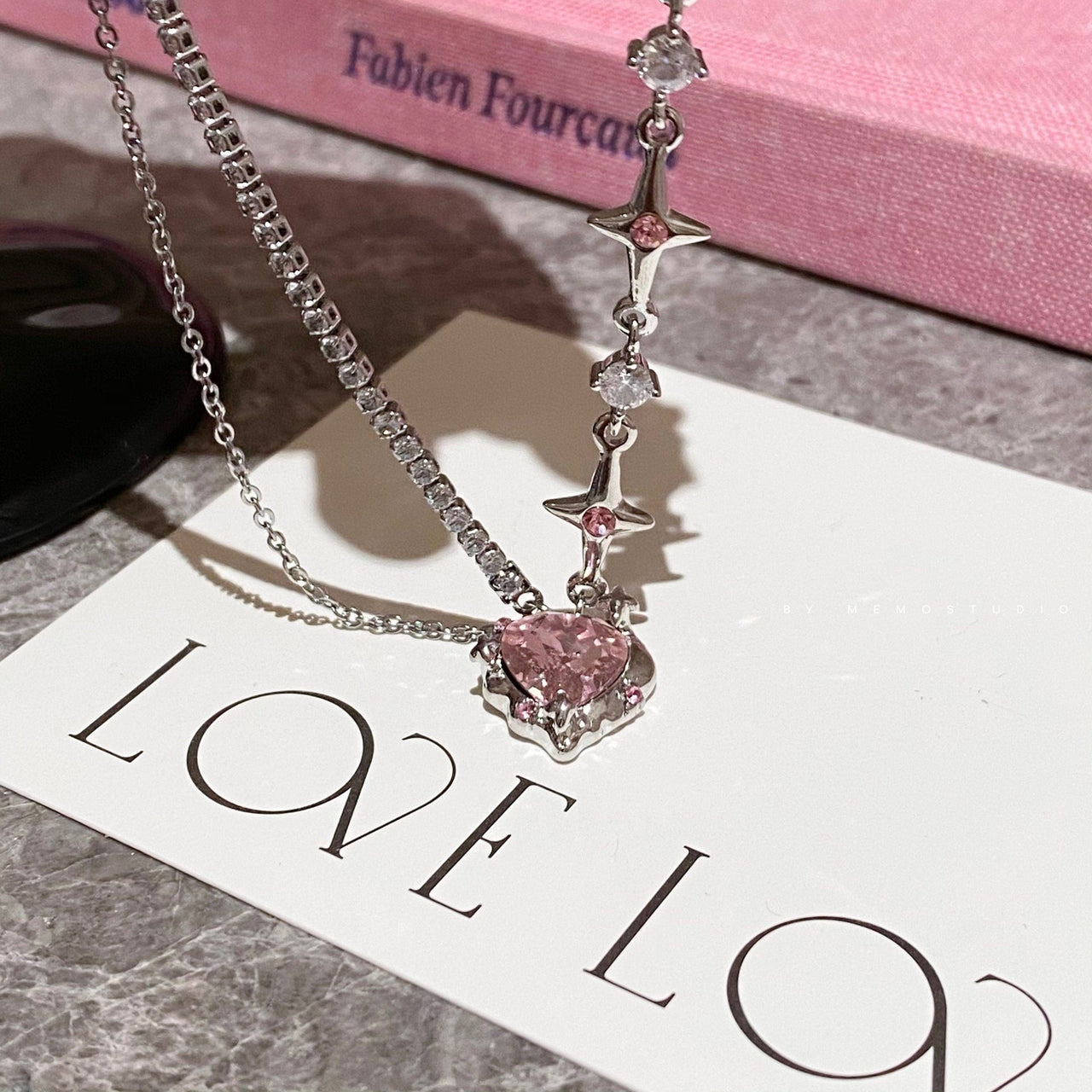 Chic Layered CZ Inlaid Pink Crystal Heart Pendant Star Chain Necklace - ArtGalleryZen