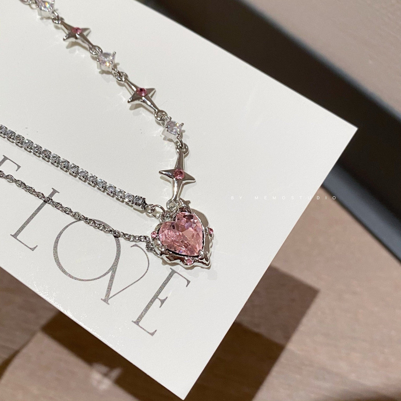 Chic Layered CZ Inlaid Pink Crystal Heart Pendant Star Chain Necklace - ArtGalleryZen