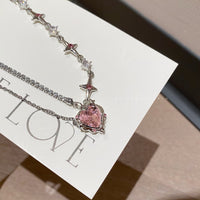 Thumbnail for Chic Layered CZ Inlaid Pink Crystal Heart Pendant Star Chain Necklace - ArtGalleryZen
