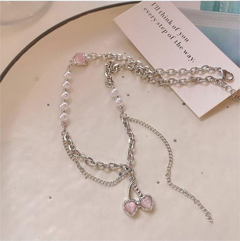 Chic Layered Pearl Charm Pink Cherry Pendant Necklace - ArtGalleryZen