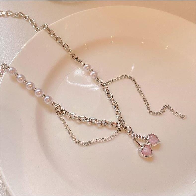 Chic Layered Pearl Charm Pink Cherry Pendant Necklace - ArtGalleryZen