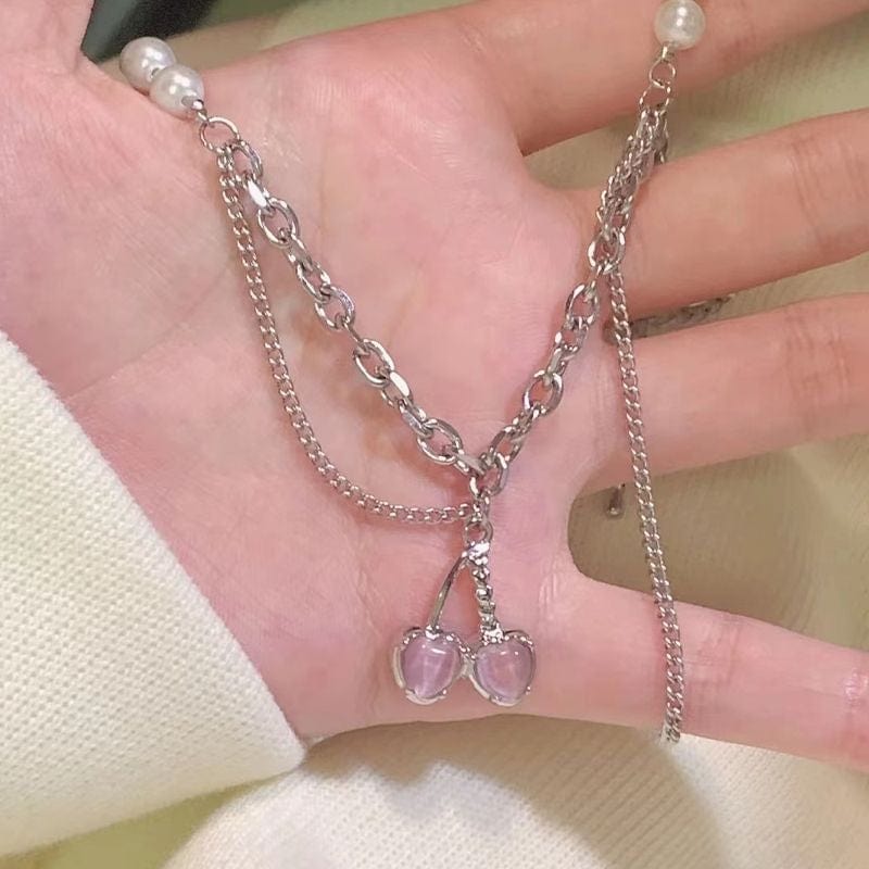Chic Layered Pearl Charm Pink Cherry Pendant Necklace - ArtGalleryZen