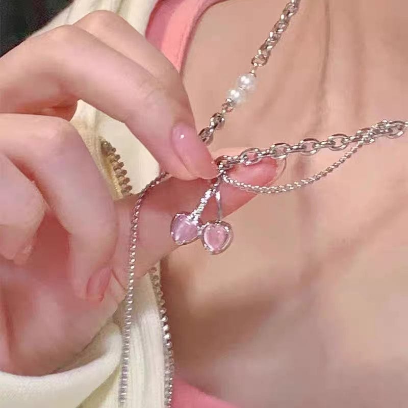 Chic Layered Pearl Charm Pink Cherry Pendant Necklace - ArtGalleryZen