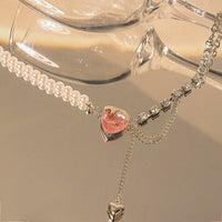 Thumbnail for Chic Layered Pink Heart Pendant Cubic Zirconia Pearl Chain Necklace - ArtGalleryZen