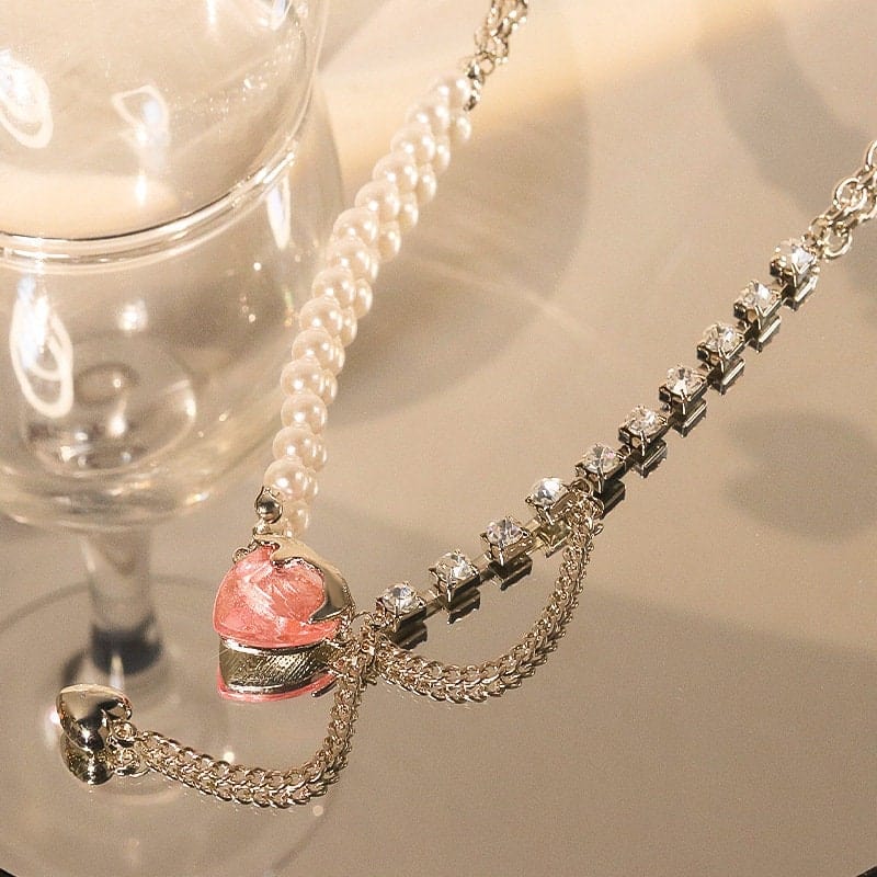 Chic Layered Pink Heart Pendant Cubic Zirconia Pearl Chain Necklace - ArtGalleryZen