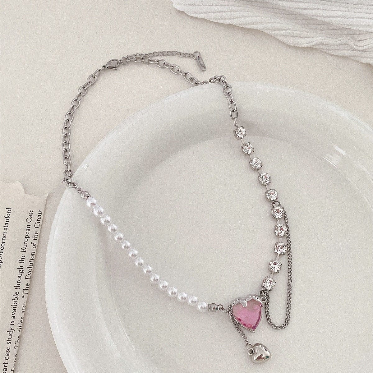 Chic Layered Pink Heart Pendant Cubic Zirconia Pearl Chain Necklace - ArtGalleryZen